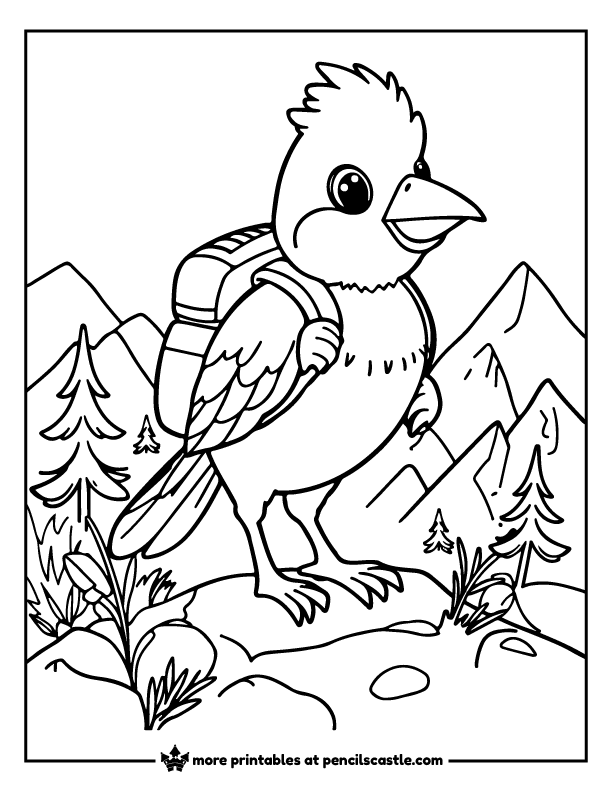 bird in a backpack on a hiking trail with mountains and trees coloring page