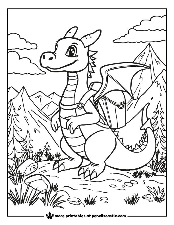 a dragon with a backpack on a hiking trail