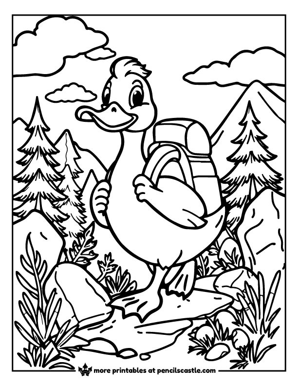 a duck with a backpack on a hiking trail coloring sheet