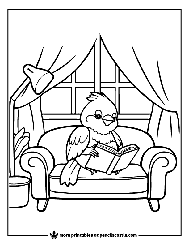 bird reading a book on a couch in a living room coloring sheet