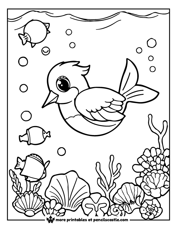 mermaid bird with fish and seashells printable sheet