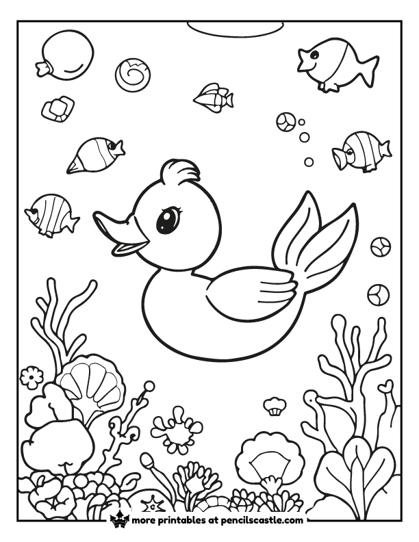 a mermaid duck with fish and seashells.