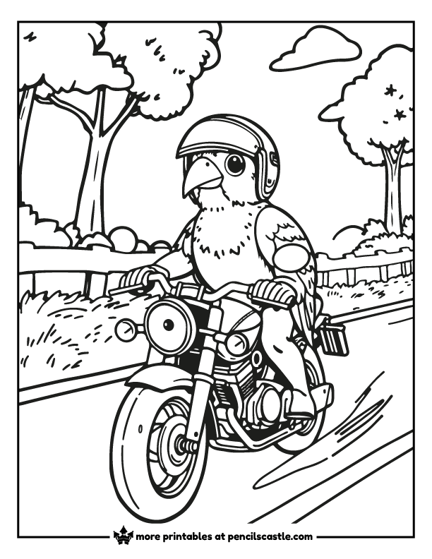 bird riding a motorcycle coloring page