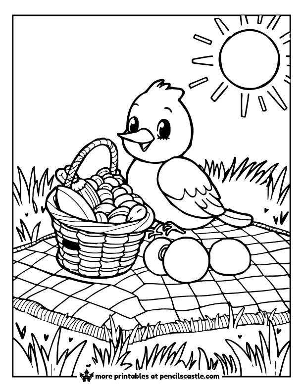 bird picnic on a checkered blanket with a food basket coloring sheet