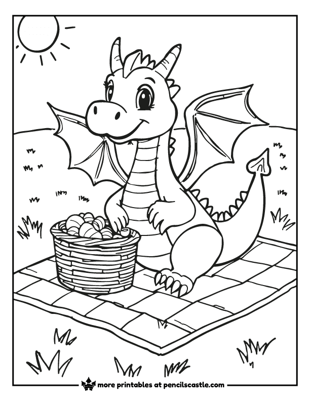 a dragon on a checkered blanket with a food picnic basket.