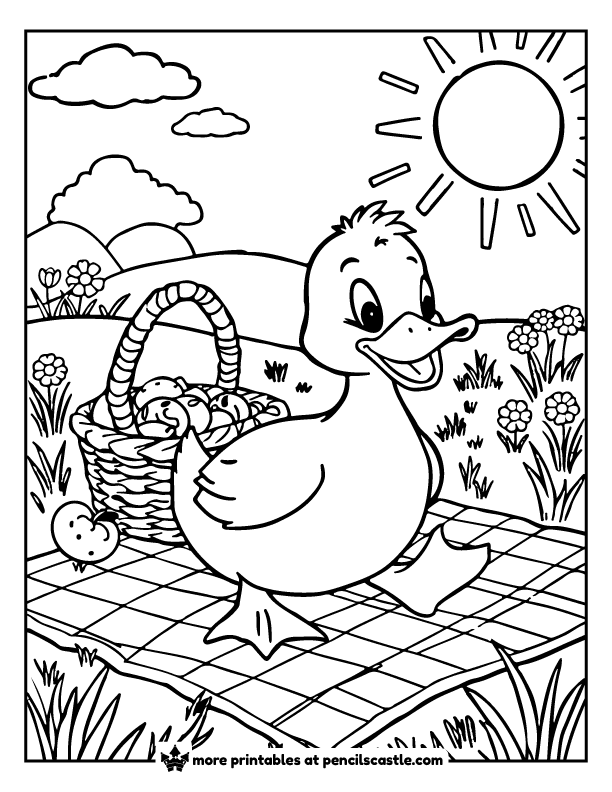 coloring page of a duck on a picnic with a food basket