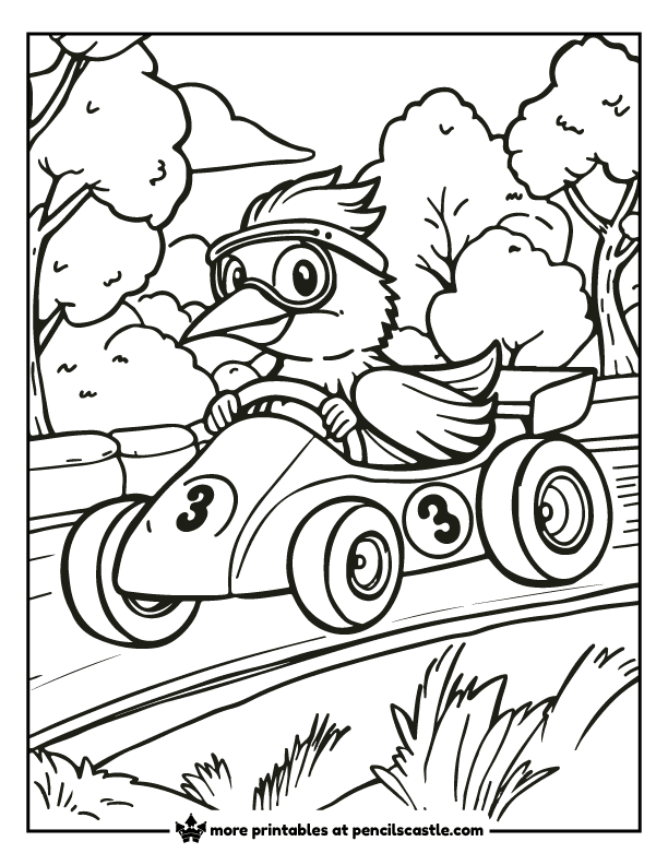 bird driving a race car coloring page