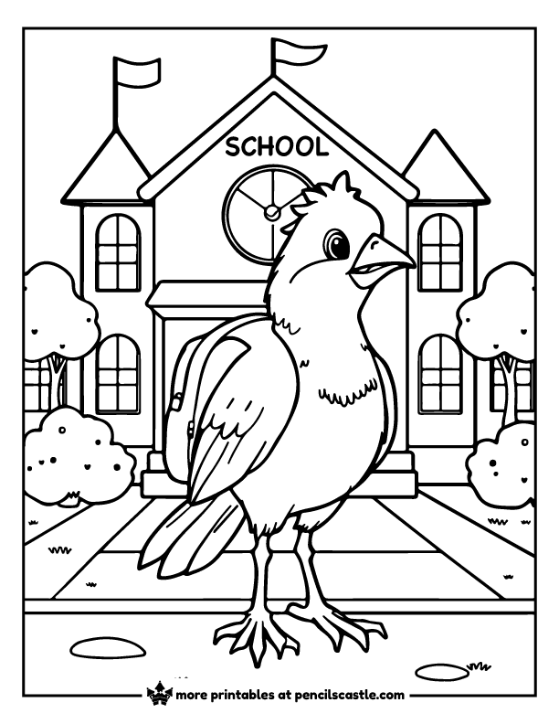 bird with a backpack in front of a school building coloring page