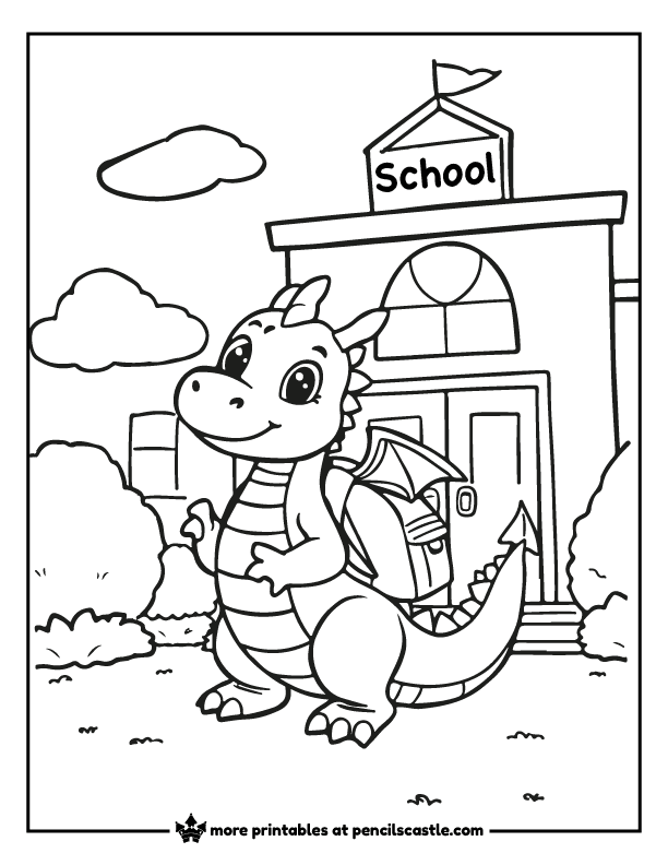 coloring page of a dragon with a backpack outside a school building