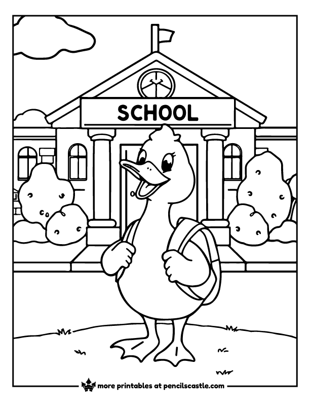 coloring page of a duck in front of a school building