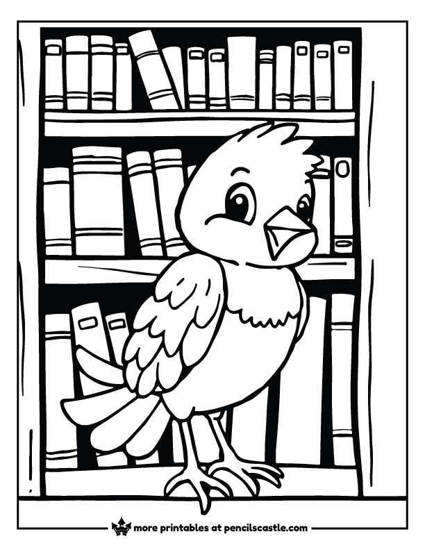 bird in a school library with stacks of books coloring sheet