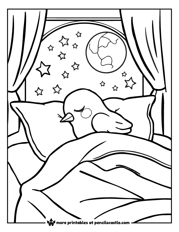 bird sleeping in a bed with a pillow and blanket coloring page