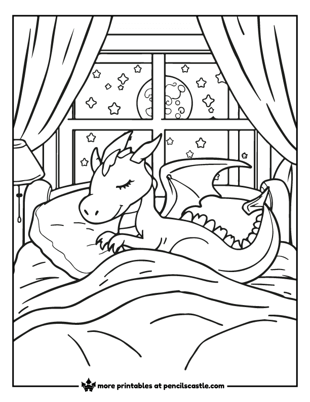 a dragon in bed with pillows and blankets