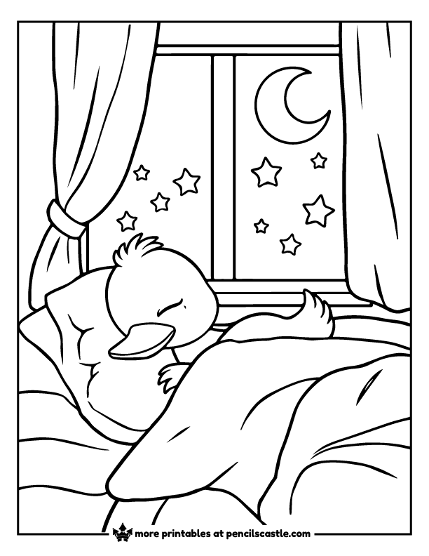 a duck in bed with pillows and blankets coloring sheet