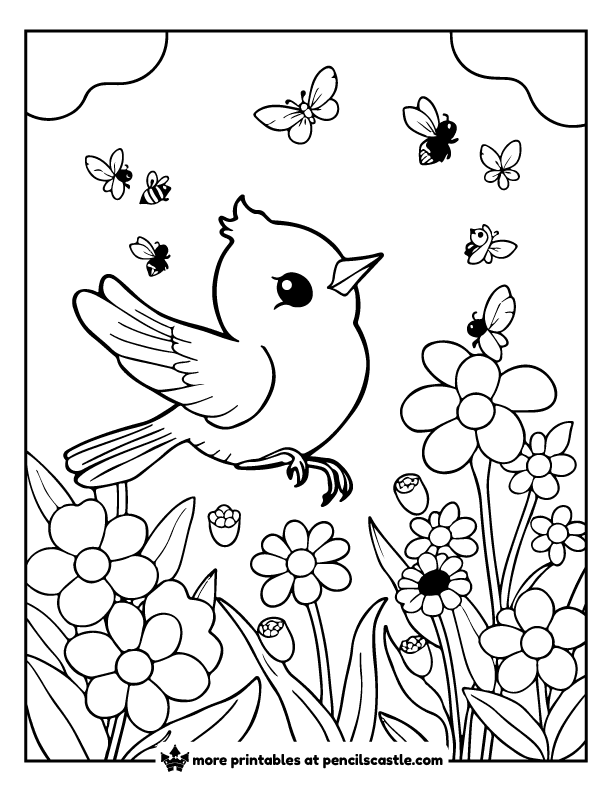 bird with spring blooming flowers and bees coloring page