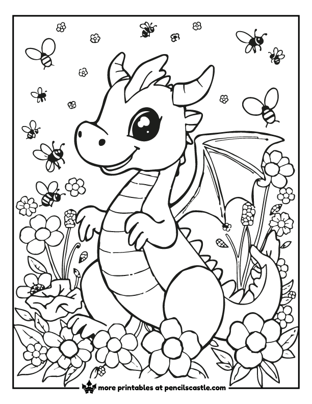 a dragon with flowers and bees