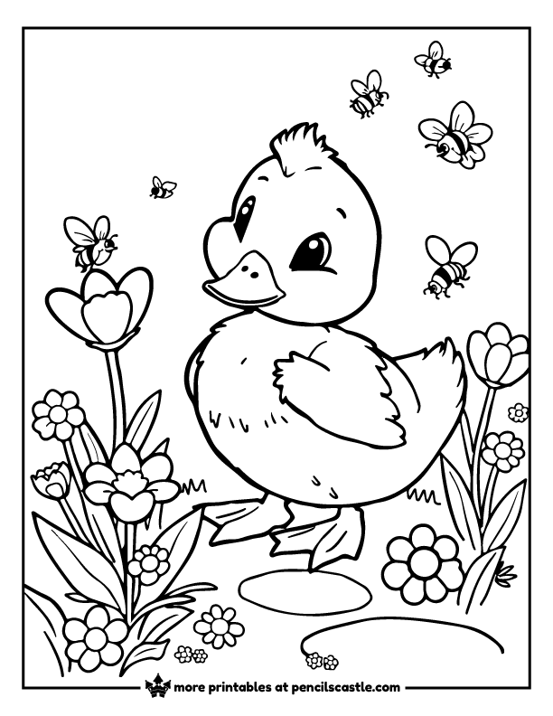 a duckling with flowers and bees coloring page