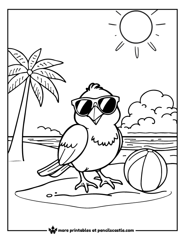 bird on a sunny beach with sunglasses and a beach ball coloring page