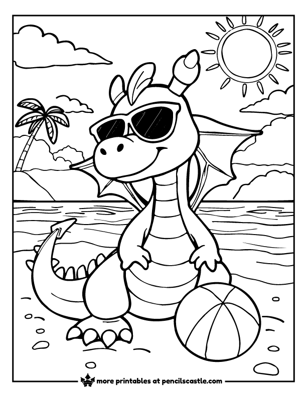 a dragon on a beach with sunglasses and a beach ball