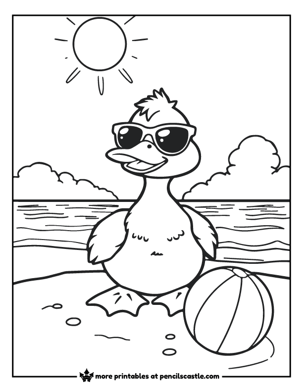 coloring page of a duck on a beach with sunglasses and a beach ball