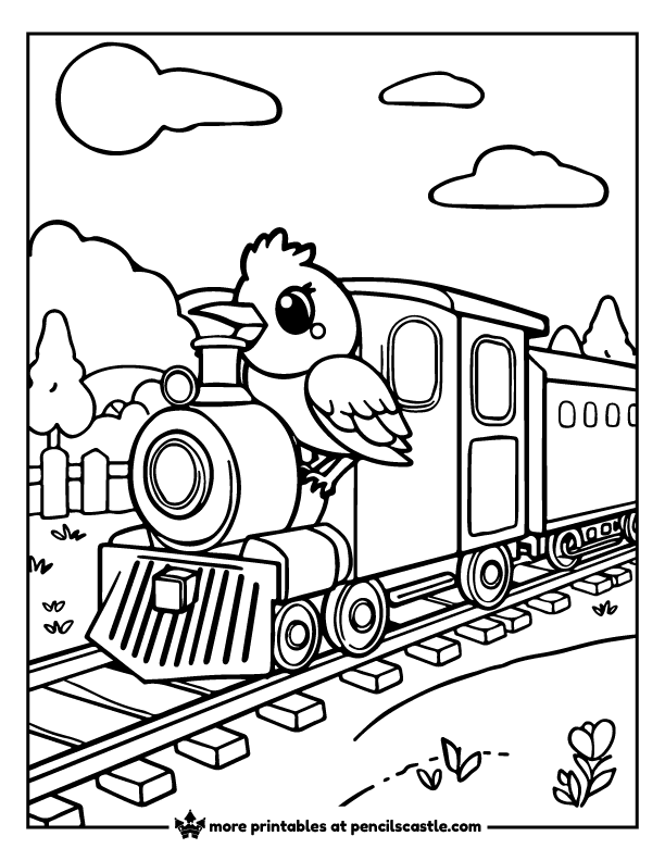 bird on a steam train coloring page