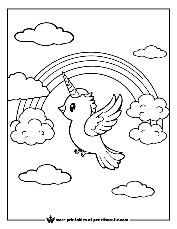 unicorn bird with rainbow and clouds coloring page