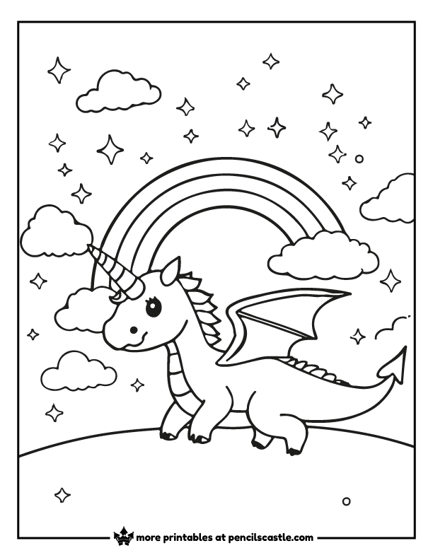 dragon unicorn with sparkles, rainbow, and clouds