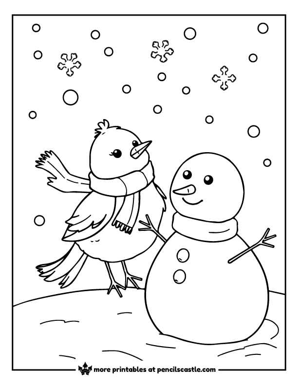 bird in a winter scarf and a snowman with snow and snowflakes coloring sheet