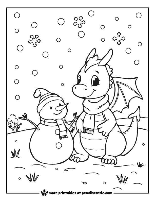 a dragon and a snowman with snow and snowflakes