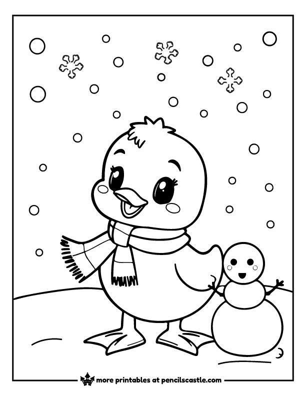 a duck and a snowman coloring page