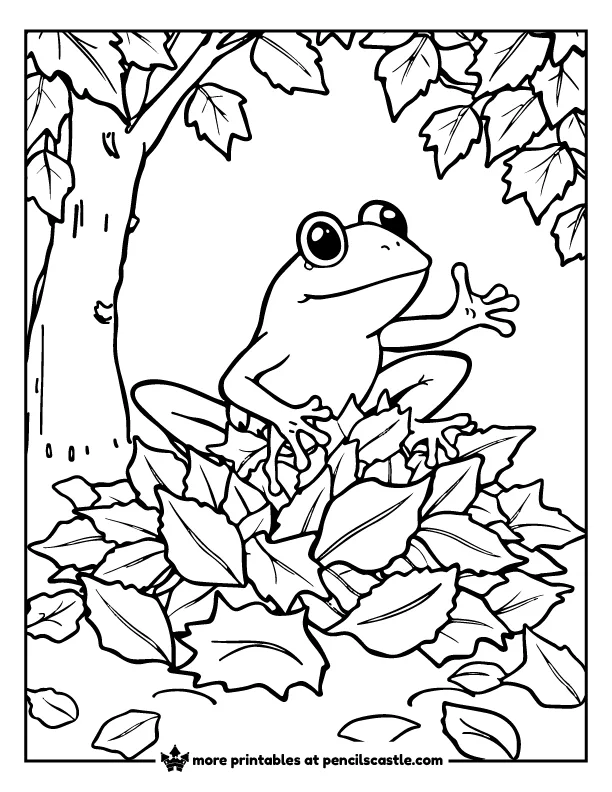 frog jumping into a pile of fall leaves coloring page