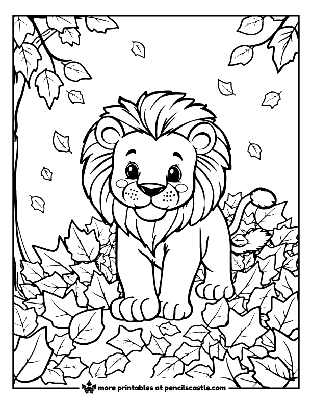 lion walking through a pile of fall leaves coloring sheet