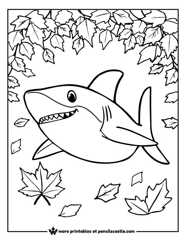 shark with fall leaves coloring sheet