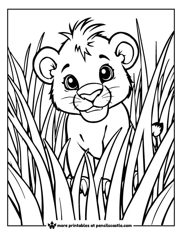 lion cub peeking through the tall grass coloring sheet