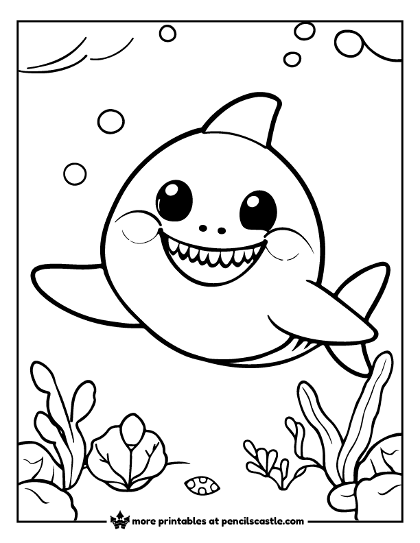 happy baby shark waving its fin coloring page