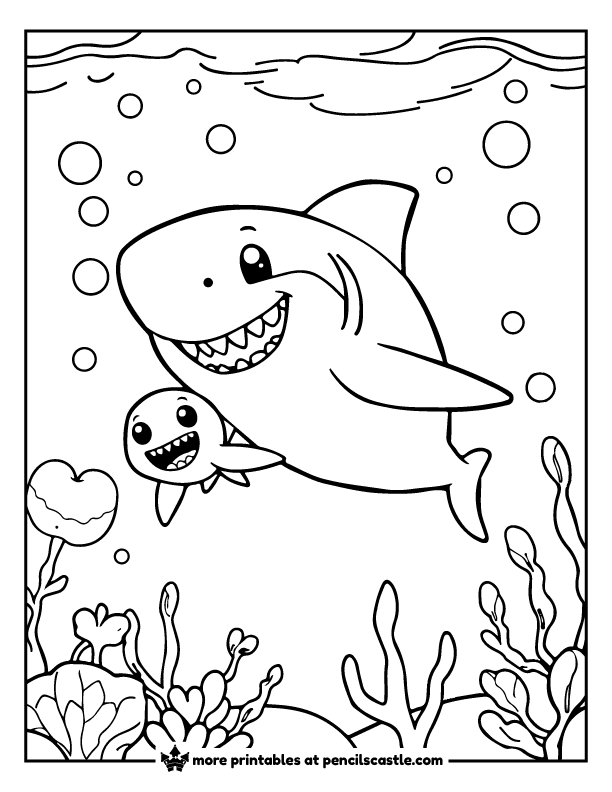 daddy shark with baby in the ocean coloring page