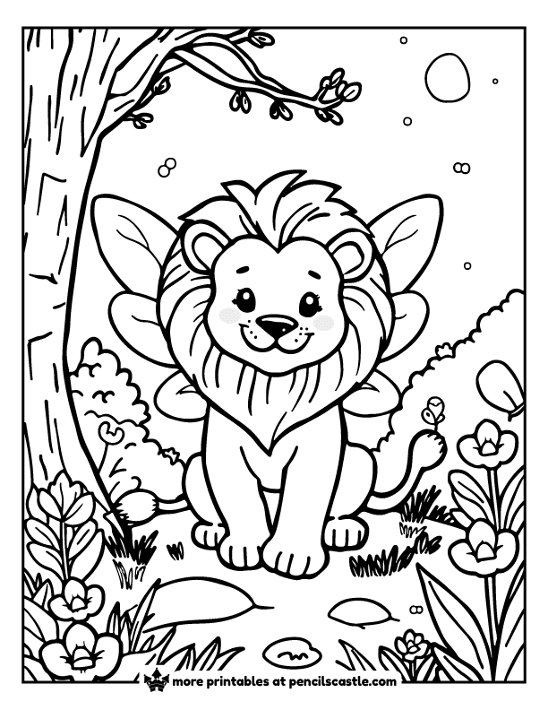 lion with fairy wings in a forest coloring sheet