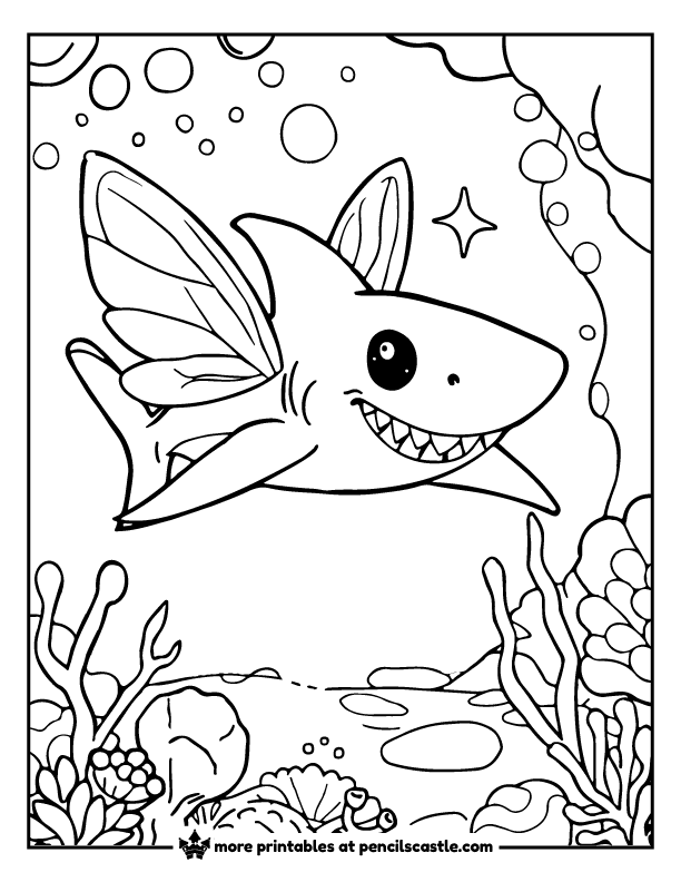 shark with fairy wings in a coral reef coloring sheet