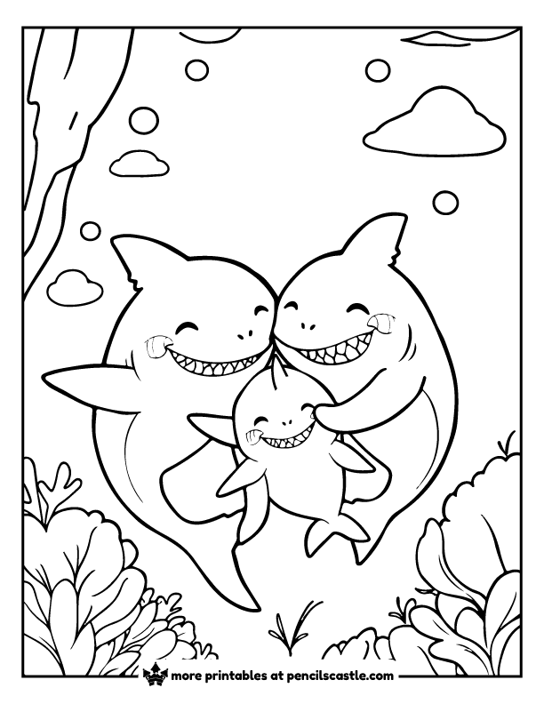 shark family smiling and cuddling coloring sheet