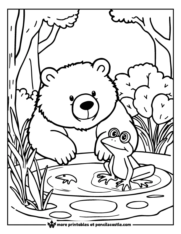 bear watching a frog on a pond coloring sheet