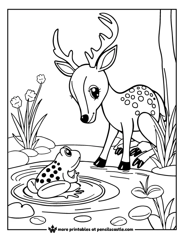 cute deer meeting a frog near a pond coloring sheet