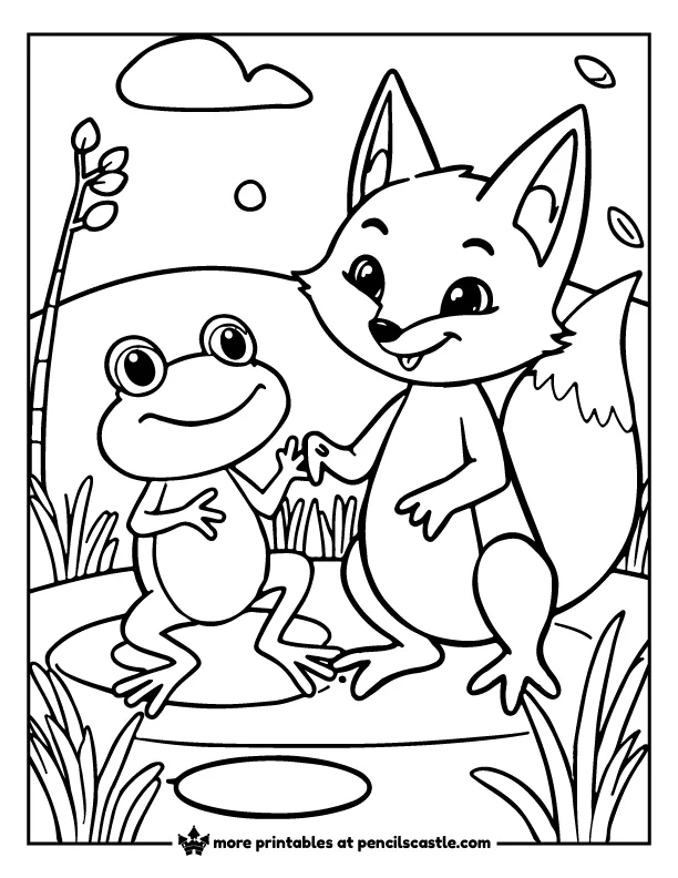fox and a frog in the forest coloring page