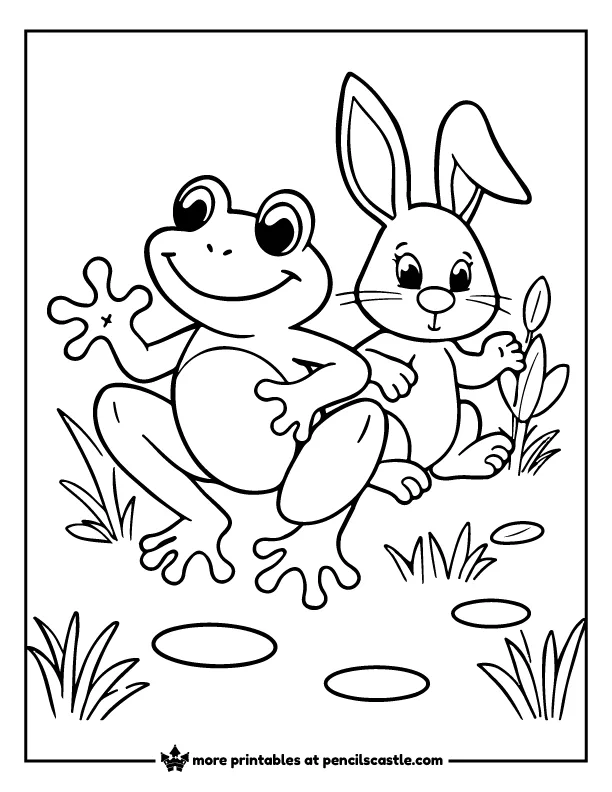 frog hopping alongside a bunny coloring page