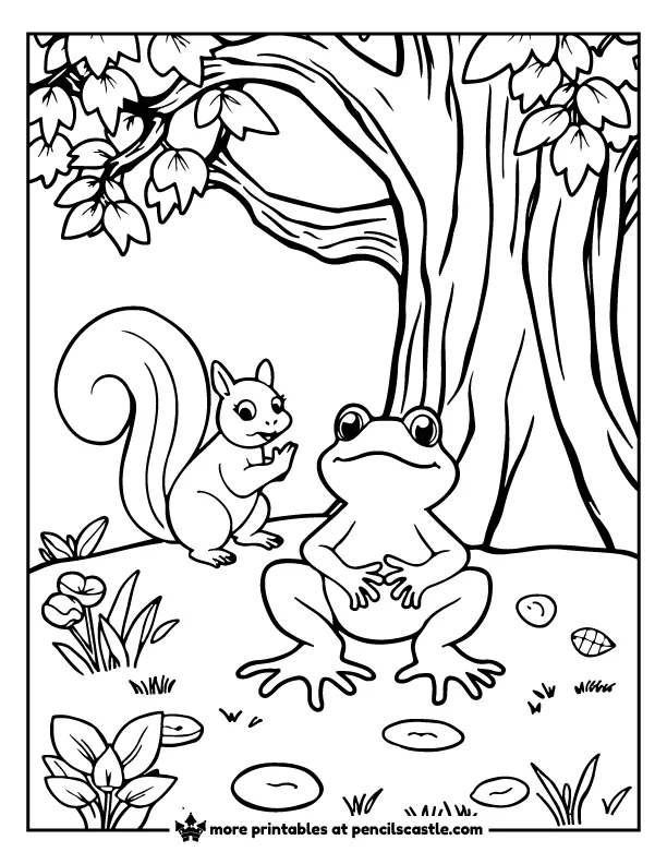 frog and a squirrel near an oak tree coloring page