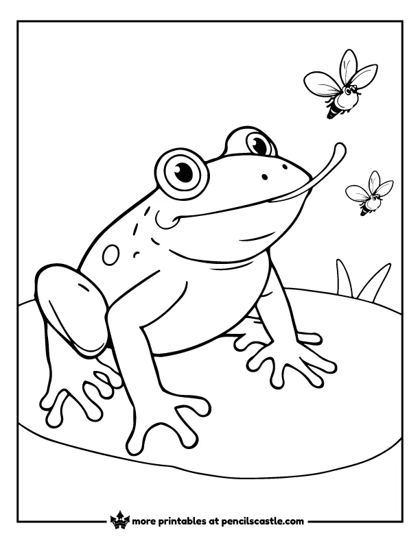 frog with its long tongue out, catching flies coloring page
