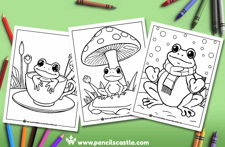 three frog coloring pages with pencils and crayons on a green background
