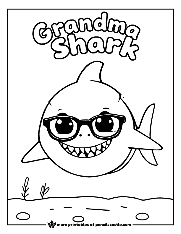 grandma shark with glasses and a smile coloring sheet