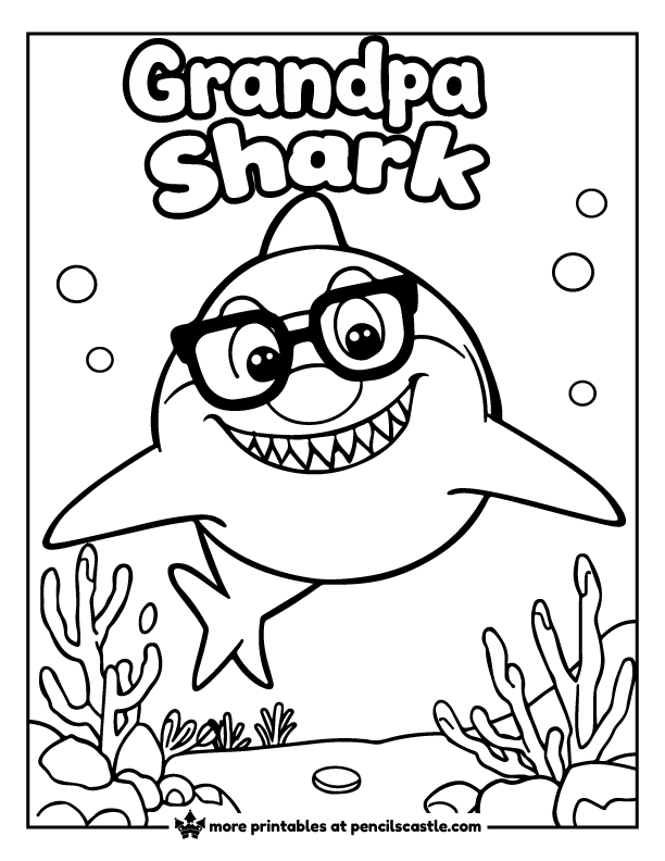 grandpa shark with glasses and a smile coloring page