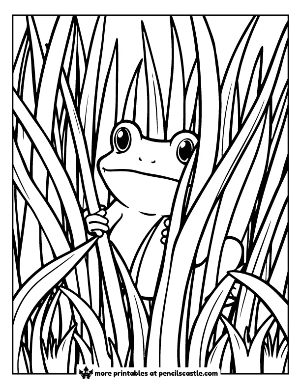 frog peeking out from behind tall grass coloring page