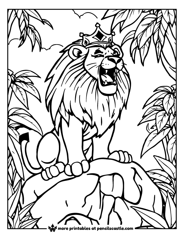 lion roaring on a rock in the jungle coloring page